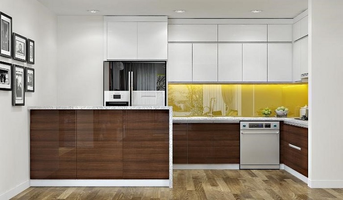 Tủ bếp làm từ vật liệu gỗ acrylic sang trọng và hiện đại